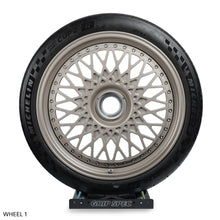 Single white gold HRE 501 Classic 2-piece centerlock wheel on a white background on a Grip Spec mount.